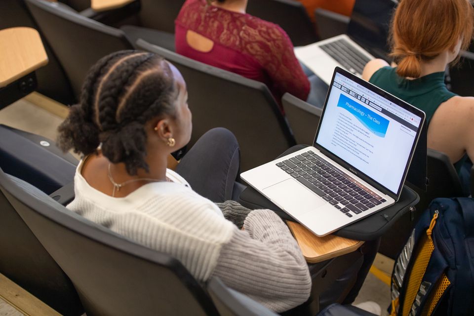 A student listening to a lecture with her notes on her laptop.